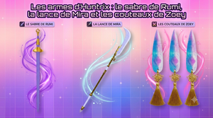 Les armes d'Huntrix : le sabre de Rumi, la lance de Mira et les couteaux de Zoey