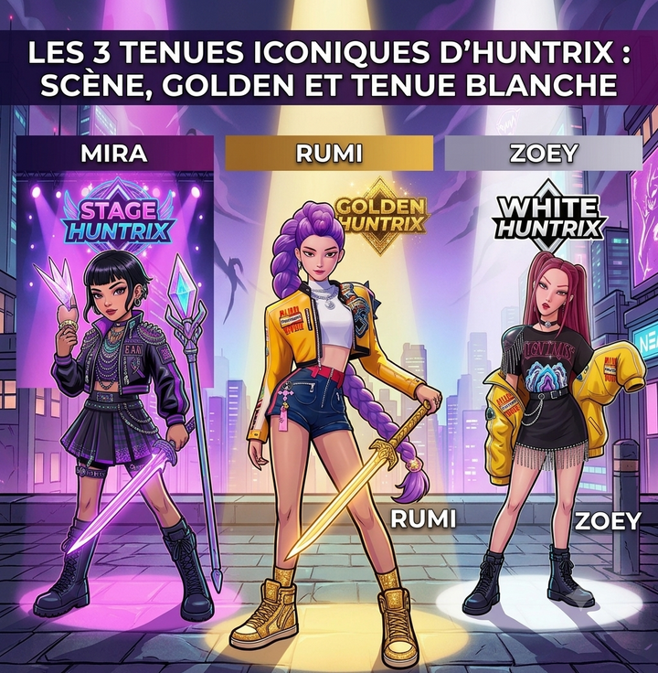 Les 3 tenues iconiques d'Huntrix : scène, Golden et tenue blanche