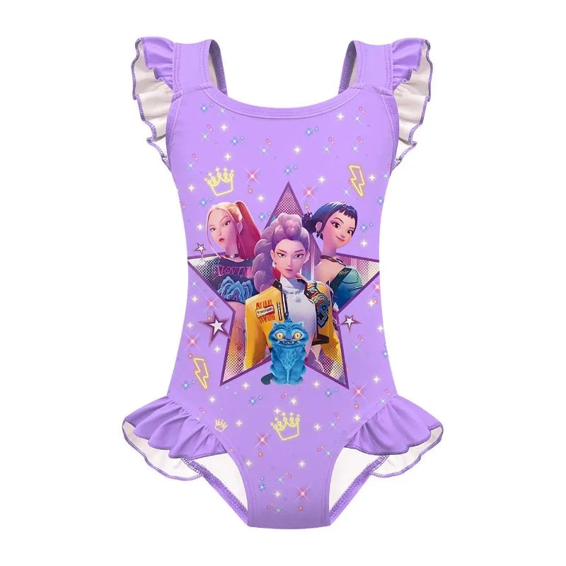 Maillot de Bain Enfant KPop Demon Hunters avec Bonnet de Bain Fille