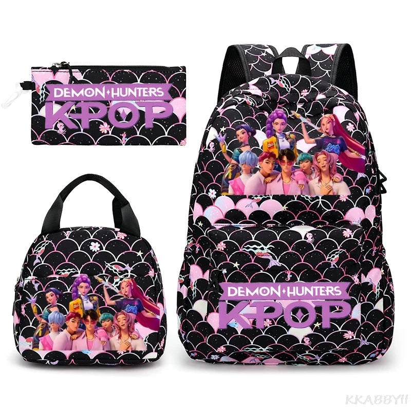 Sac à Dos Ecole KPop Demon Hunters Huntrix Saja Boys Noir 3 Pièces