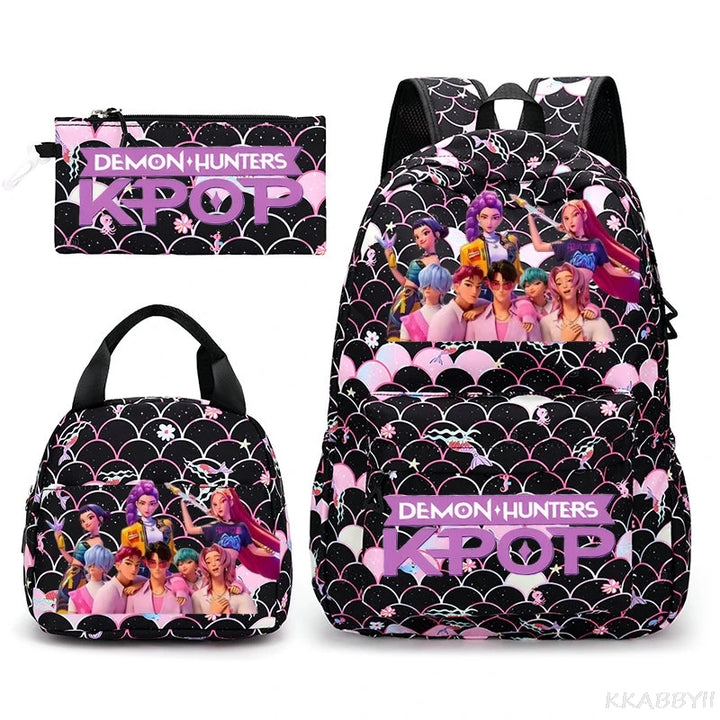 Sac à Dos Ecole KPop Demon Hunters Huntrix Saja Boys Noir 3 Pièces