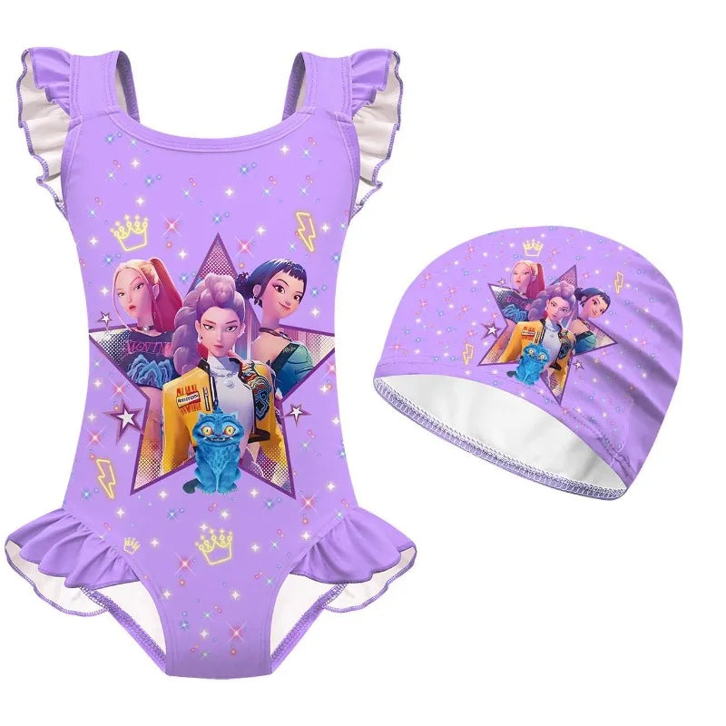 Maillot de Bain Enfant KPop Demon Hunters avec Bonnet de Bain