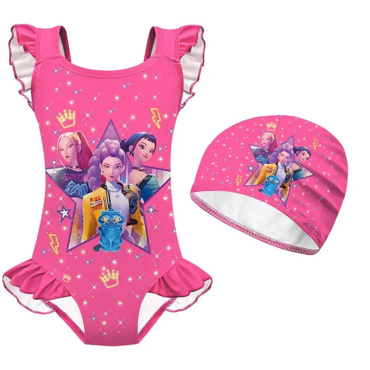 Maillot de Bain Enfant KPop Demon Hunters avec Bonnet de Bain Fille